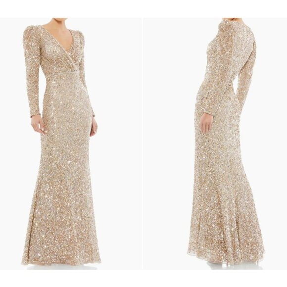 Mac Duggal Puff Sleeve Sequined Surplice Gown Shimmering Gold 8 New Womens Long - Picture 10 of 10
